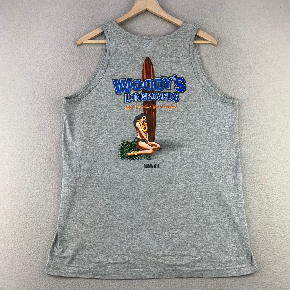 Vintage Woody's Longboards Tank Top Mens Large Gray Hawaii Hula Girl Graphic Y2K